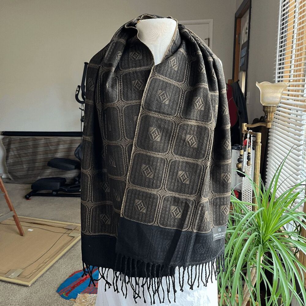 VTG Bruno Piattelli Lambswool Scarf Brown Jacquard Geometric Fringe Italy